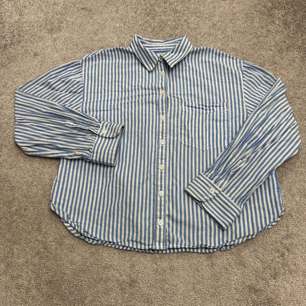 Anthropologie Maeve Button Down Semi-Crop Shirt Womens Medium Blue White Striped